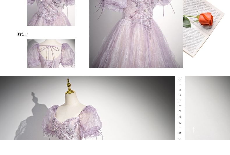 Puff-Sleeve Sweetheart-Neckline Floral Print A-Line Evening Gown