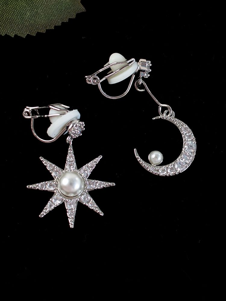 Asymmetrical Star Pearl Dangle Rhinestone Earring Faux Moon Alloy