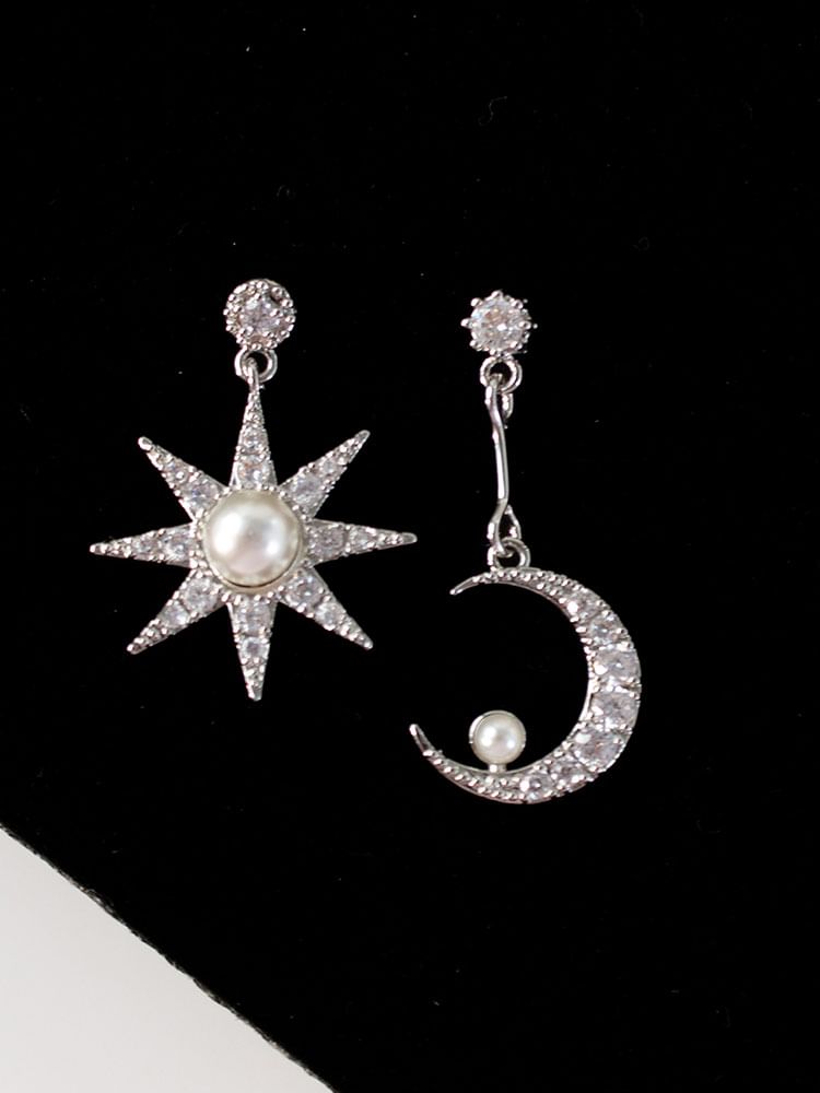Asymmetrical Star Pearl Dangle Rhinestone Earring Faux Moon Alloy