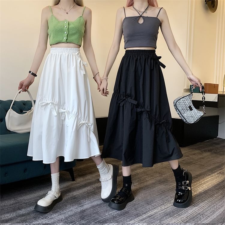 Midi Waist Plain High Skirt Bow A-Line