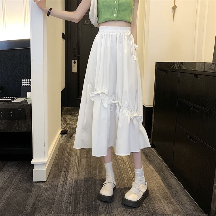 Midi Waist Plain High Skirt Bow A-Line