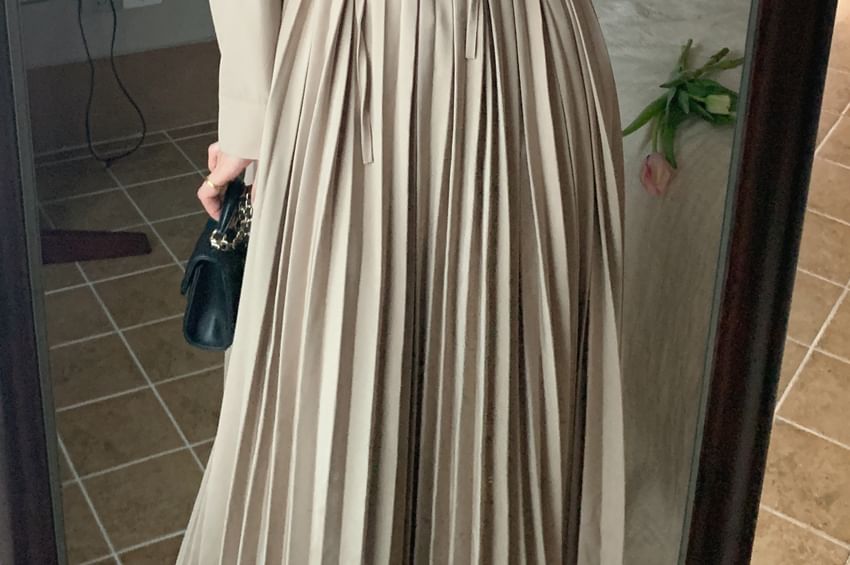 Long Sleeve Round Neck Plain Accordion Pleated Tie Front Maxi A-Line Dress