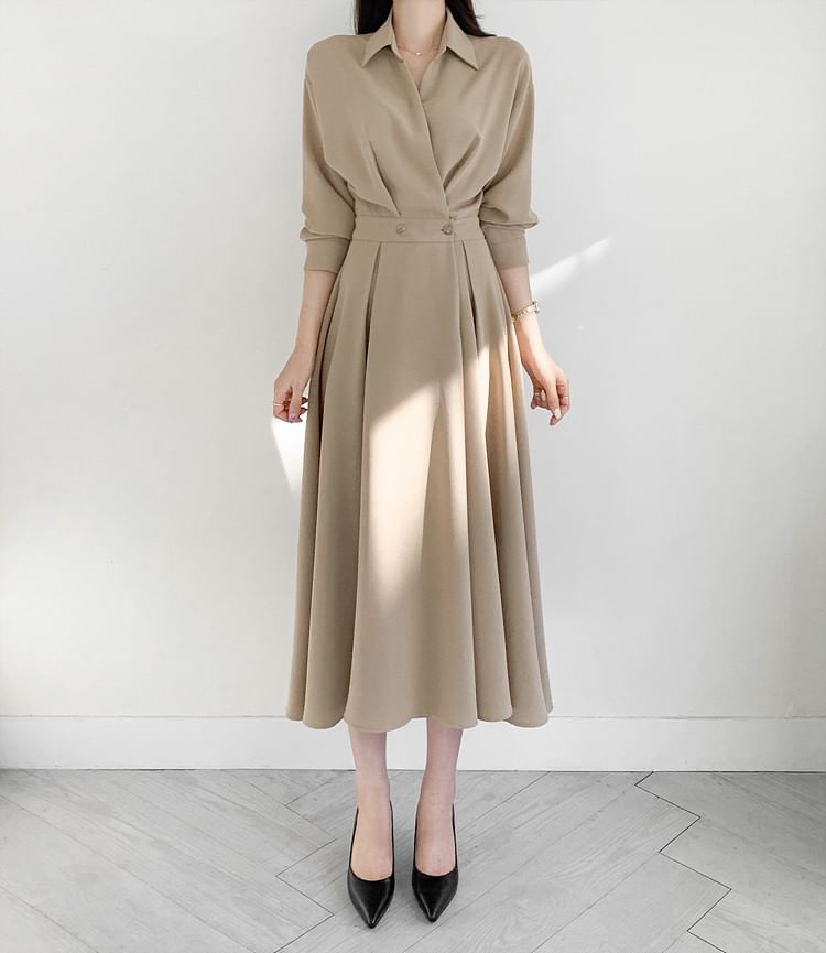 Long Sleeve Collared Plain Double Breasted Midi A-Line Shirt Dress