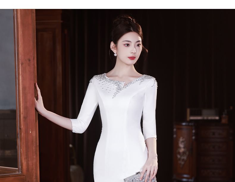 3/4-Sleeve Scoop Neck Rhinestone Mermaid Evening Gown