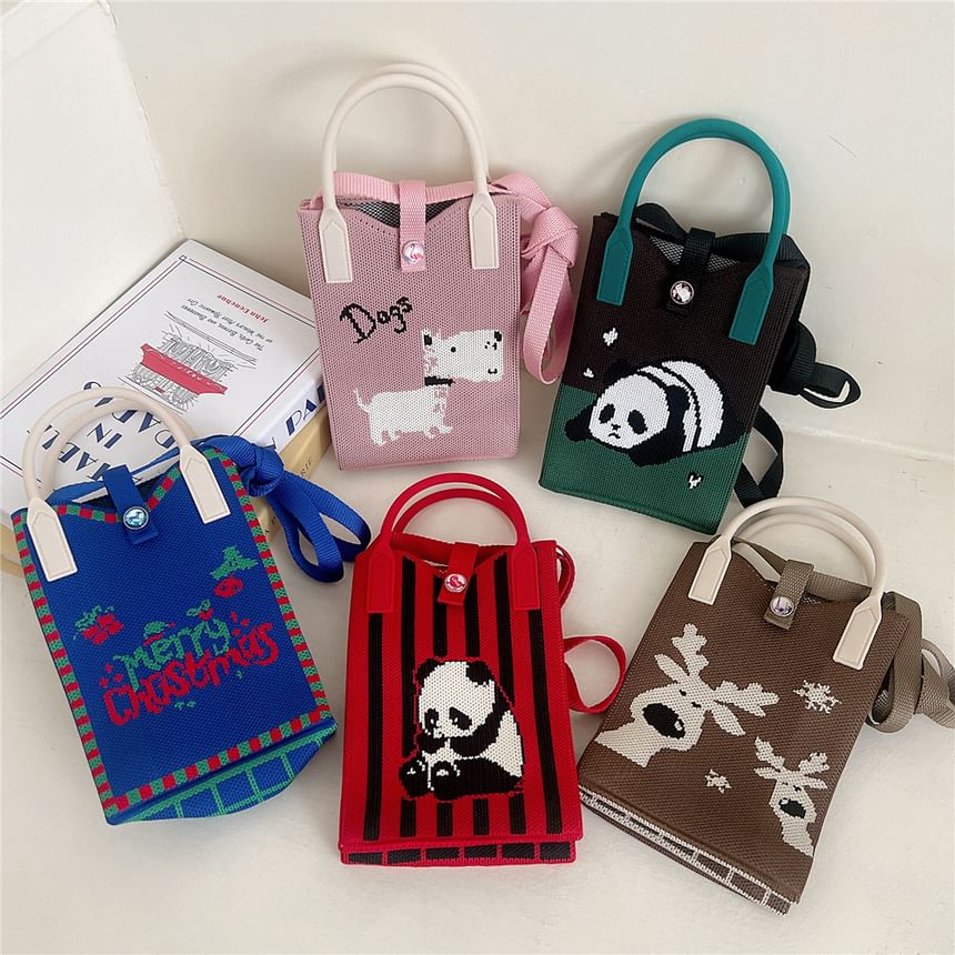 Cartoon Print Knit Mobile Phone Crossbody Bag