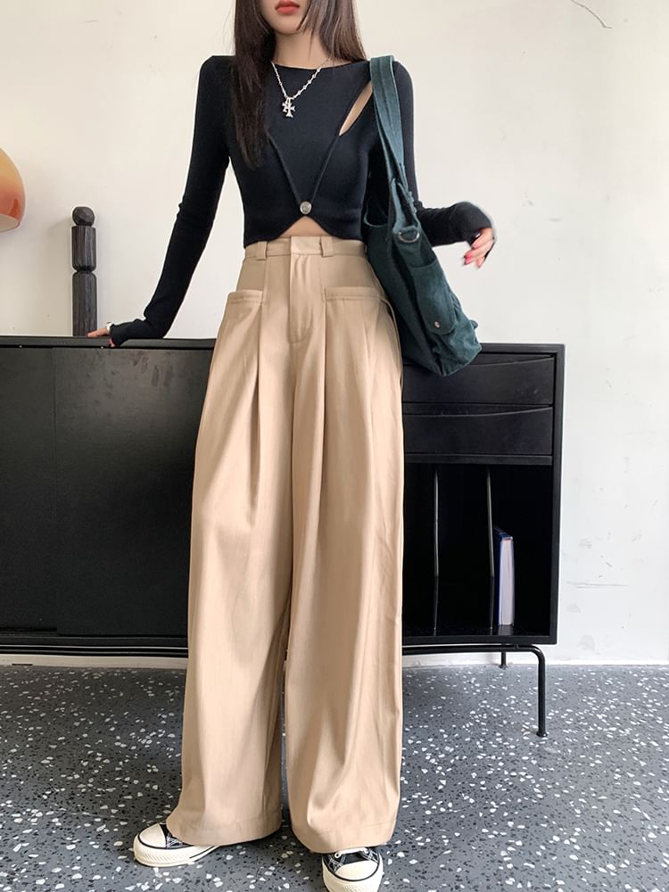 Plain Leg Pants Pleated High Suit Rise Wide