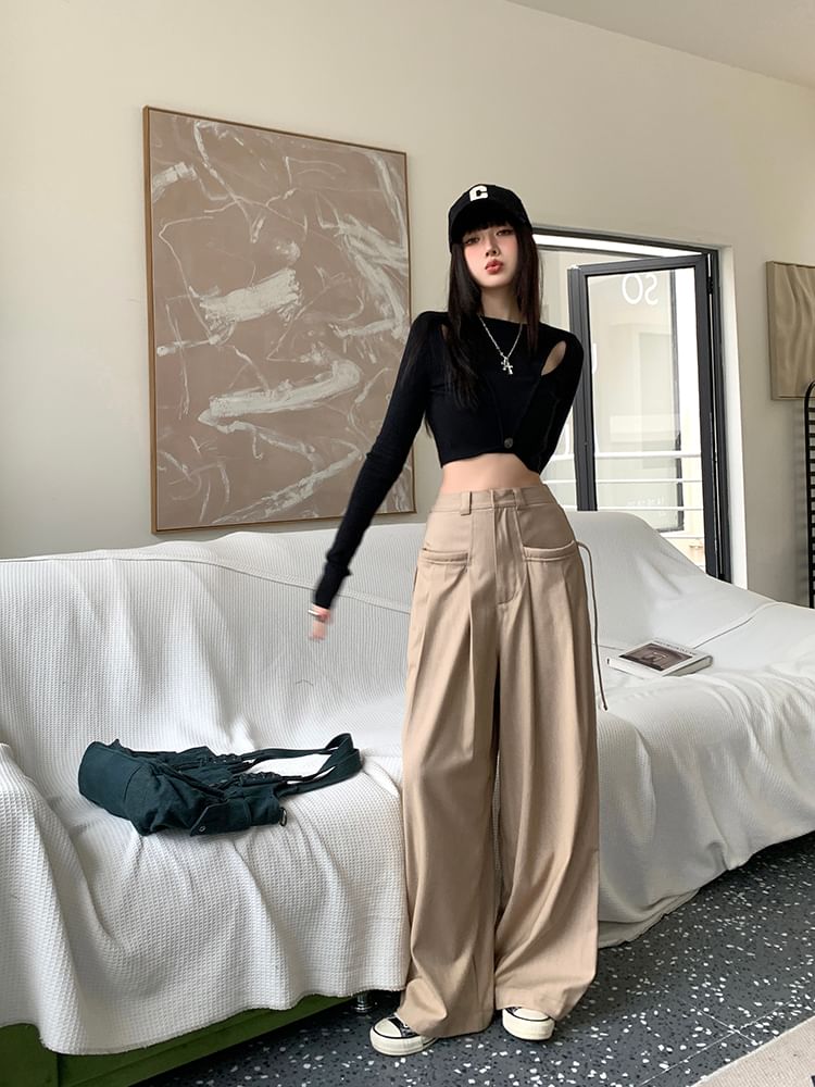Plain Leg Pants Pleated High Suit Rise Wide