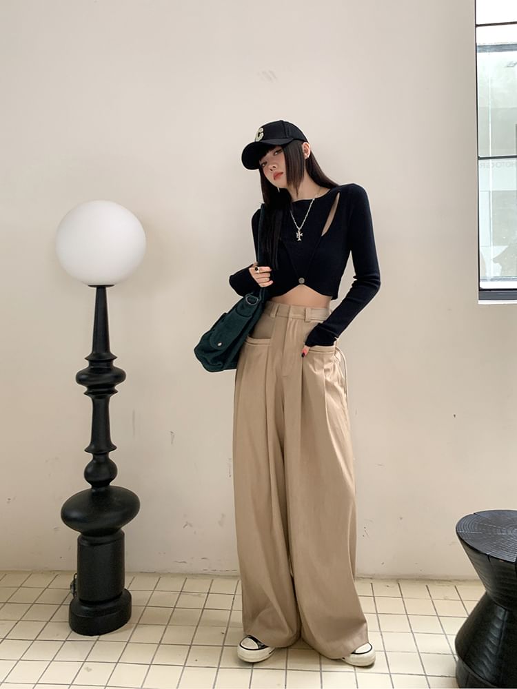 Plain Leg Pants Pleated High Suit Rise Wide