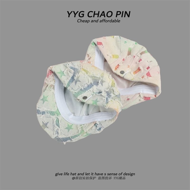 / Newsboy Denim Gradient Distressed Fringed Trim Print Cap Star