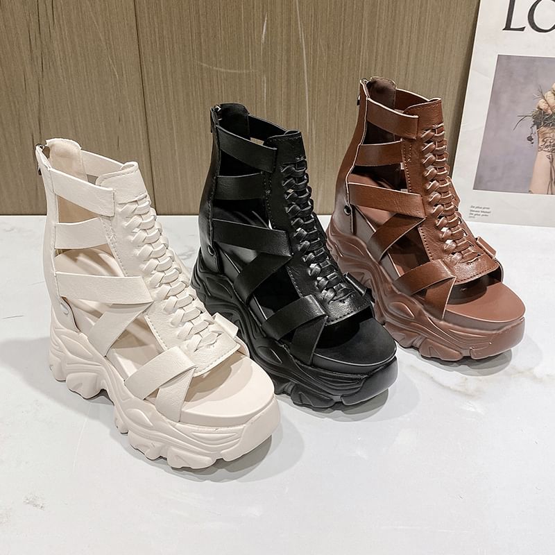 Heel Strappy Chunky Platform Sandals Lace-Up