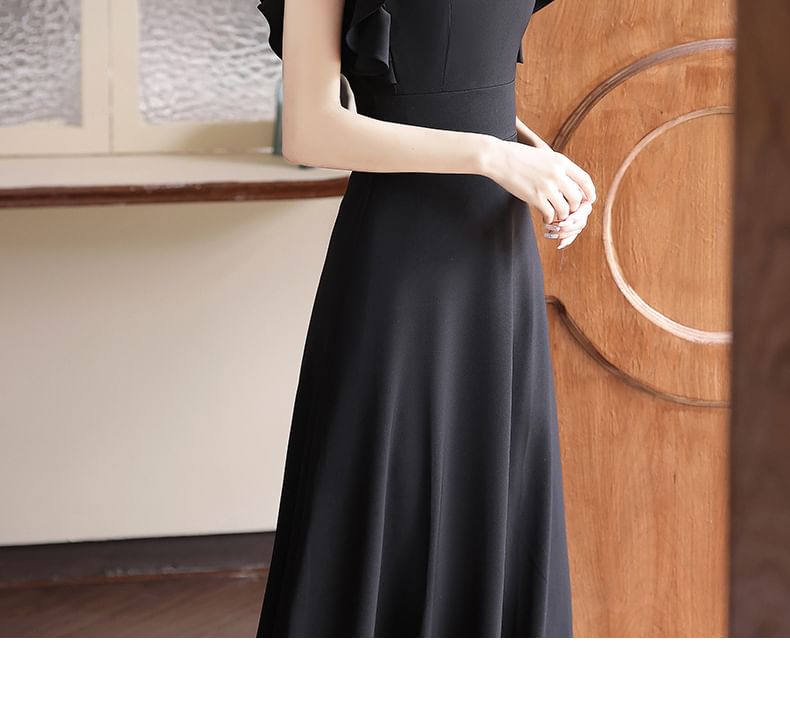 Cap-Sleeve Square Neck Plain Faux Pearl Maxi A-Line Evening Dress