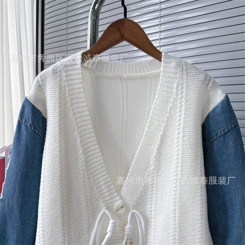 V-Neck Fringed Denim Panel Cardigan