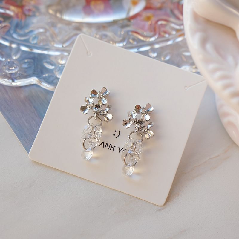 / Crystal Faux Clip-On Drop Earring Floral Rhinestone