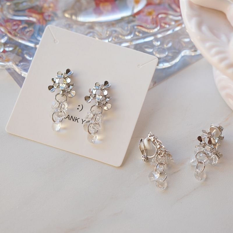 / Crystal Faux Clip-On Drop Earring Floral Rhinestone