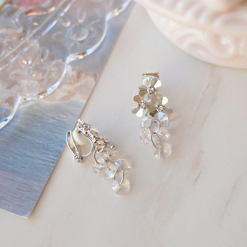 / Crystal Faux Clip-On Drop Earring Floral Rhinestone