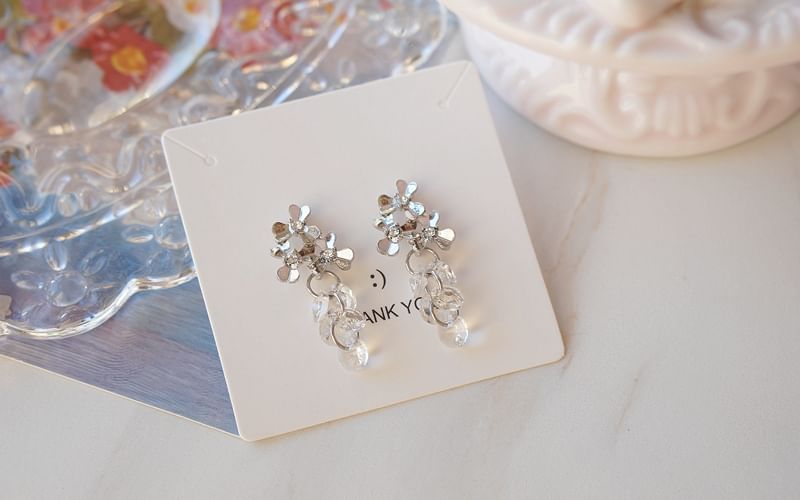 / Crystal Faux Clip-On Drop Earring Floral Rhinestone