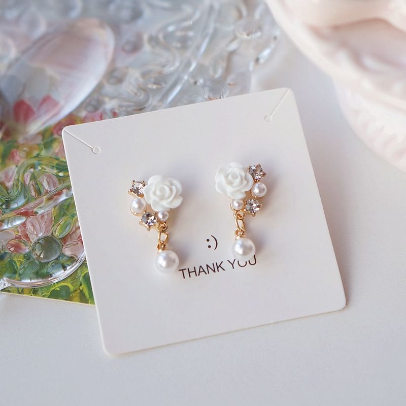 Floral Rhinestone Faux Pearl Drop Earring / Clip-On Earring
