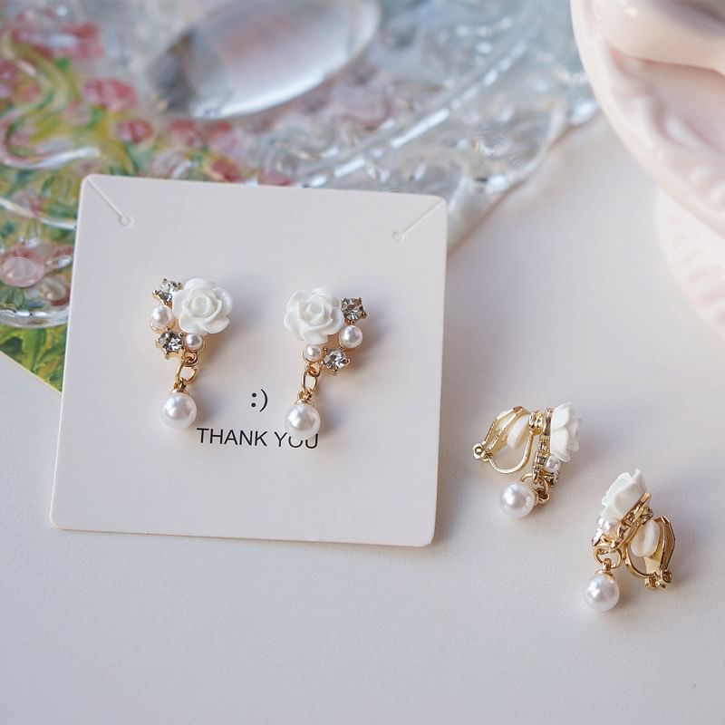 Floral Rhinestone Faux Pearl Drop Earring / Clip-On Earring