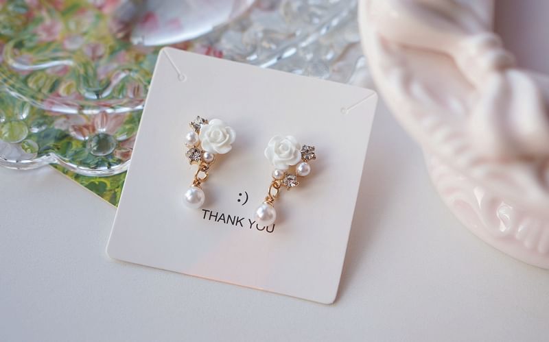 Floral Rhinestone Faux Pearl Drop Earring / Clip-On Earring