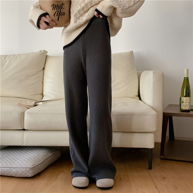 High Rise Plain Knitted Straight-Fit Wide-Leg Pants