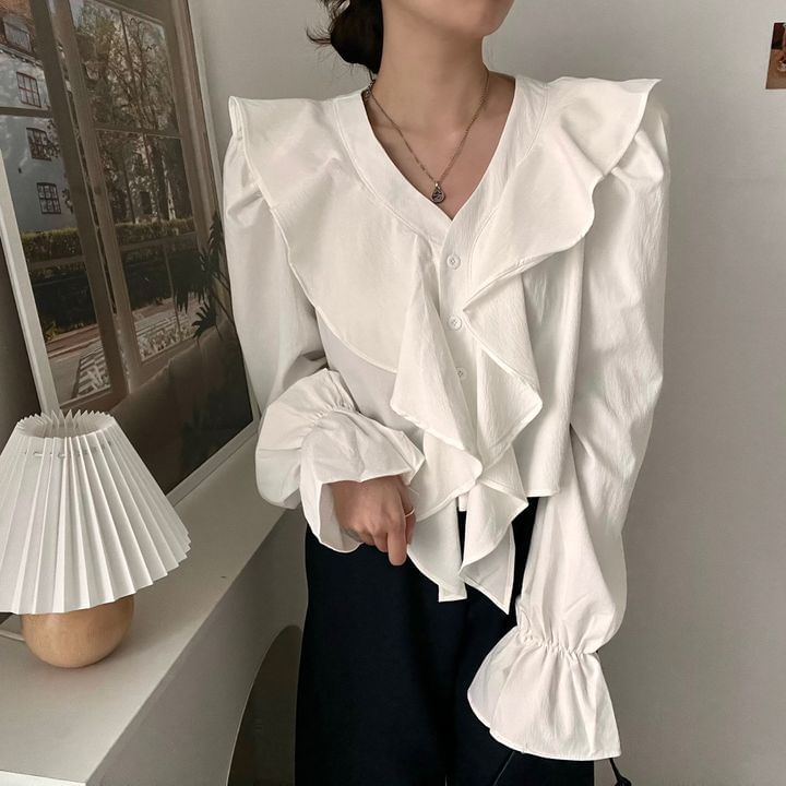 Long Sleeve V-Neck Plain Ruffle Blouse