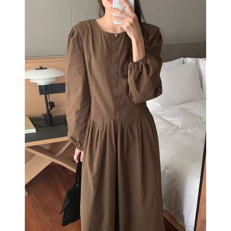 Lantern Sleeve Round Neck Plain Midi A-Line Dress