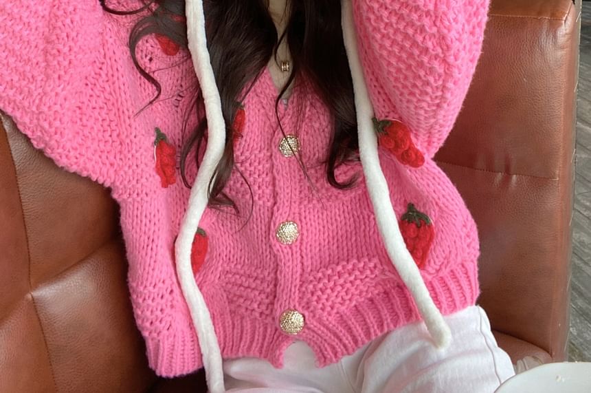 3D-Strawberry Crochet-Knit V-Neck Cardigan