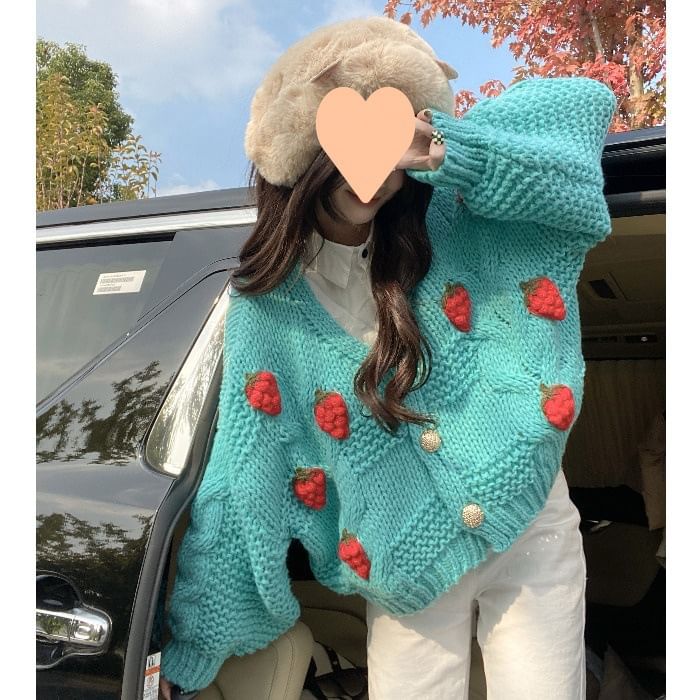 3D-Strawberry Crochet-Knit V-Neck Cardigan