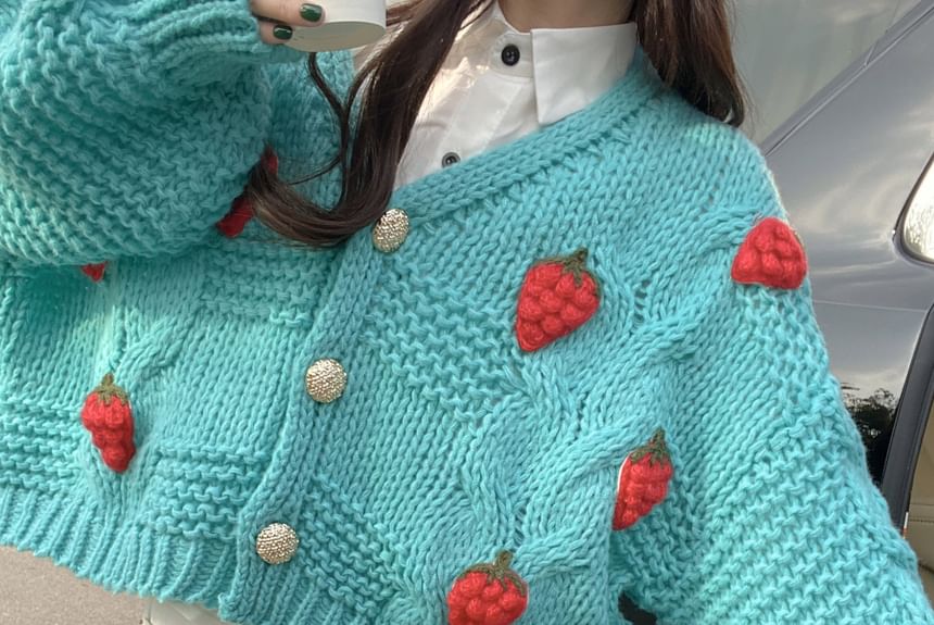 3D-Strawberry Crochet-Knit V-Neck Cardigan