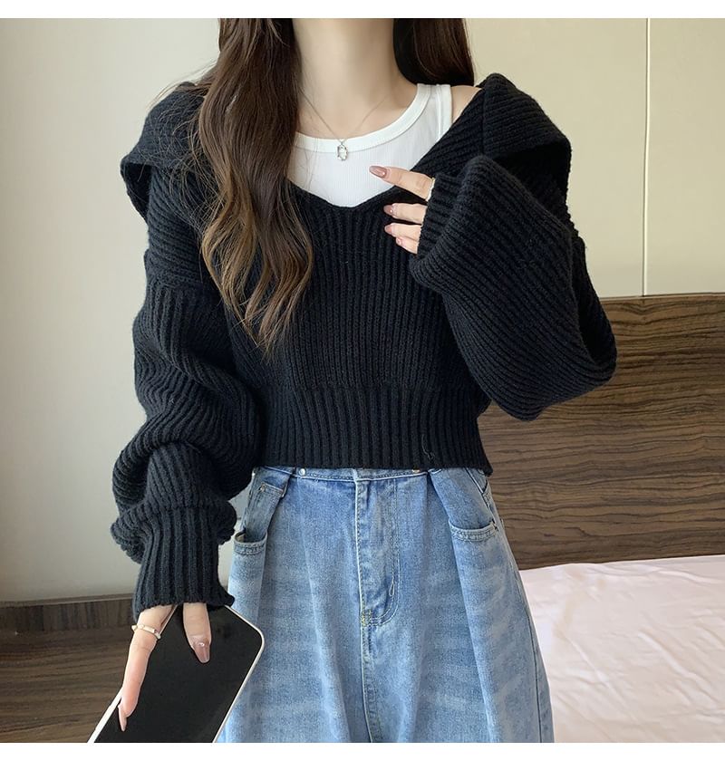 Cropped Sailor-Collar Loose Knit Sweater