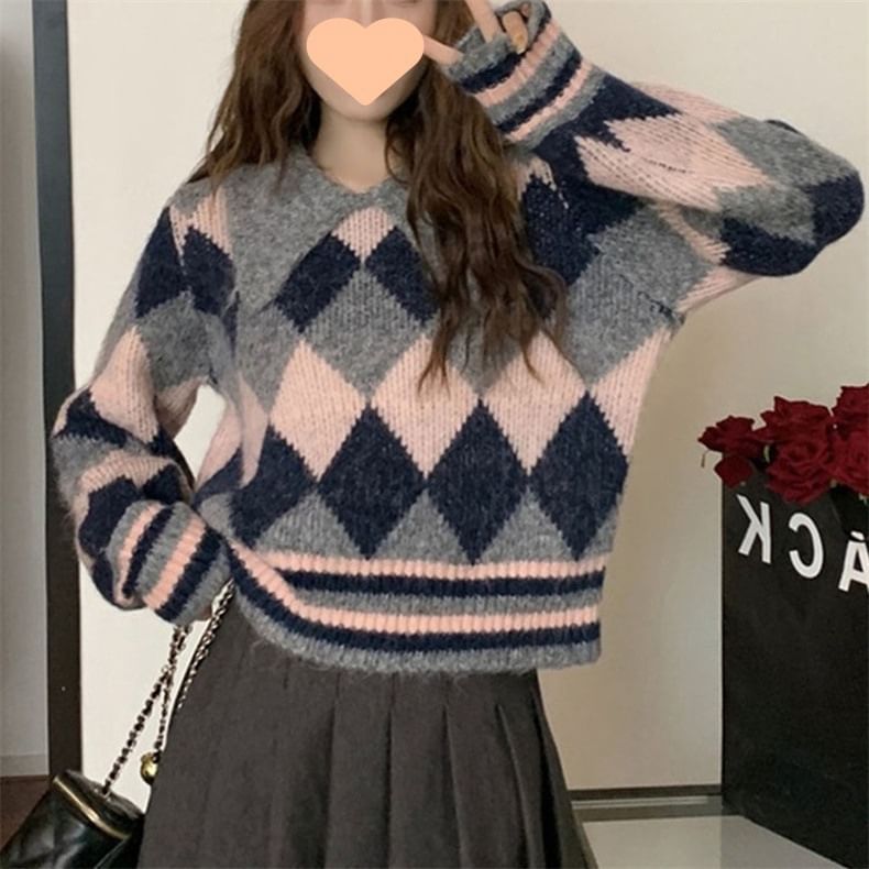 Oversized Collared Argyle-Print Knit Sweater