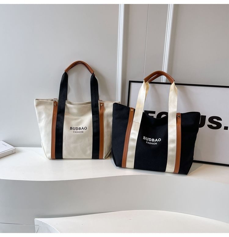 Bag Color Lettering Print Canvas Block Tote