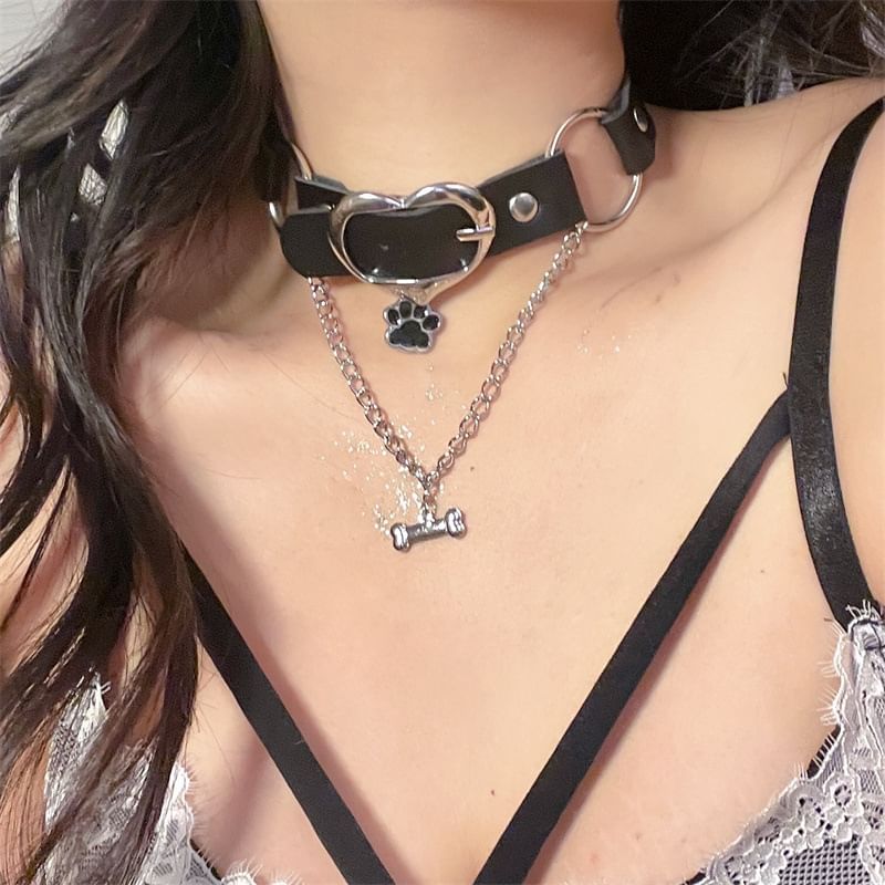 Leather Choker Heart Paw Faux Buckle
