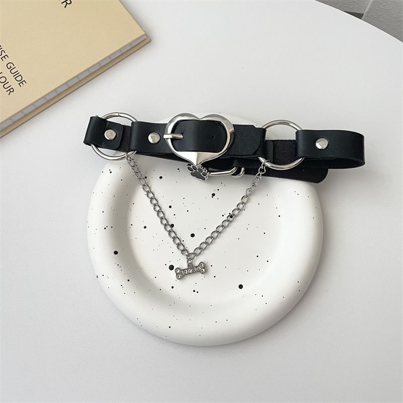 Leather Choker Heart Paw Faux Buckle