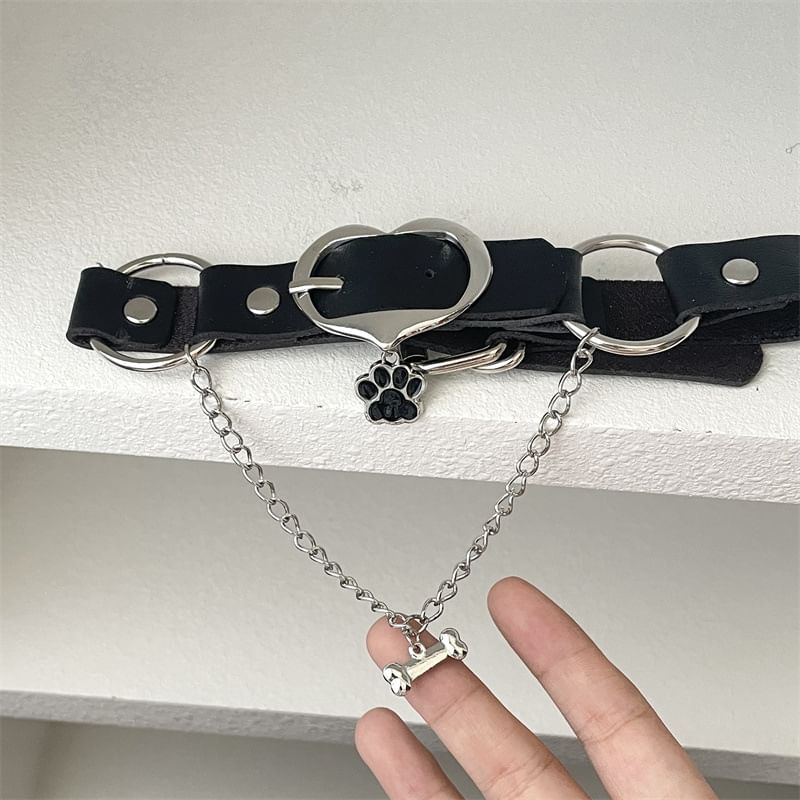 Leather Choker Heart Paw Faux Buckle