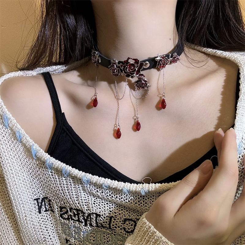 Leather Faux Choker Rhinestone