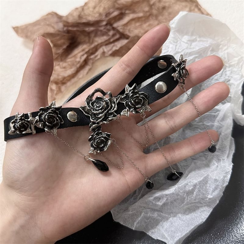 Leather Faux Choker Rhinestone