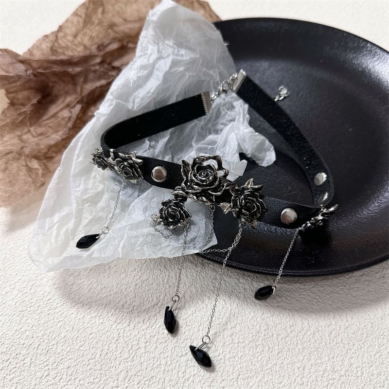 Leather Faux Choker Rhinestone