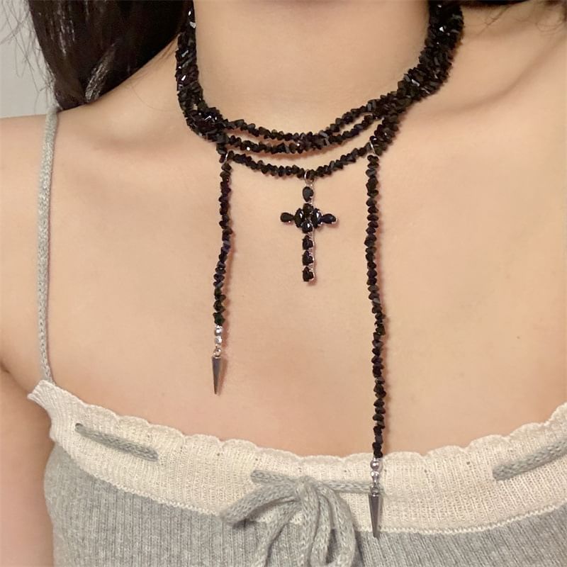 Cross Beaded Necklace Layered