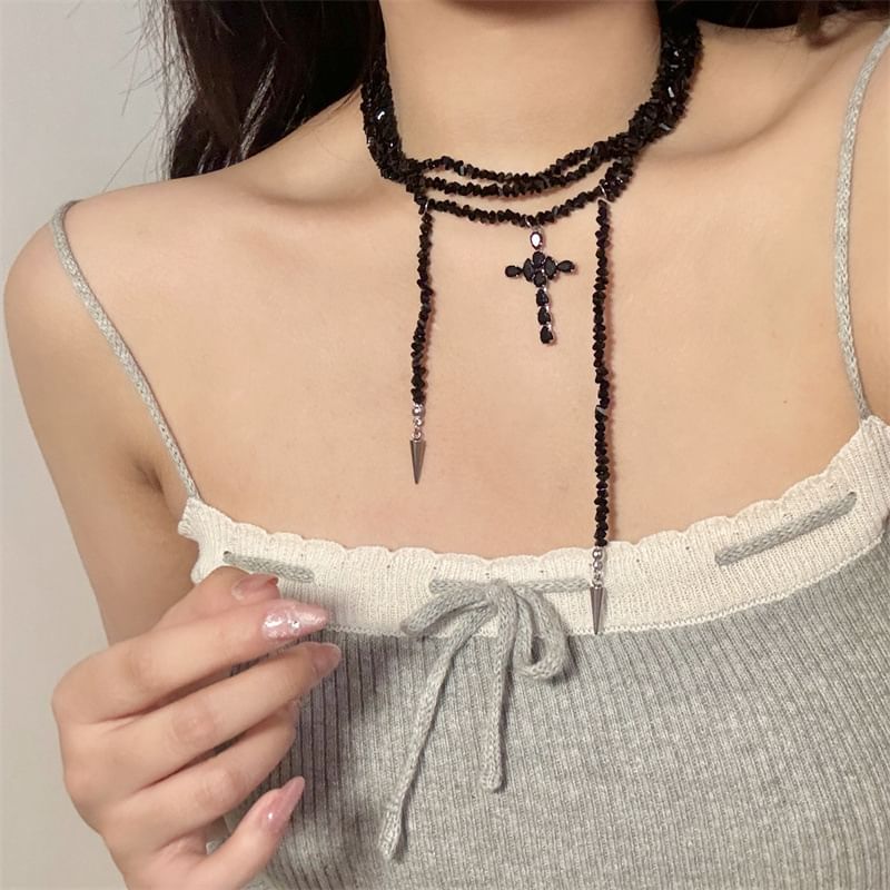 Cross Beaded Necklace Layered