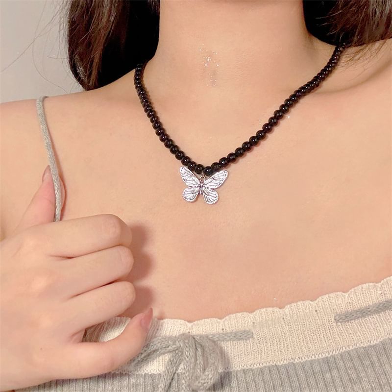 Necklace Beaded Pendant Metallic