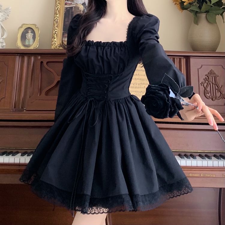 Long-Sleeve Square Neck Lace-Up Mini A-Line Dress