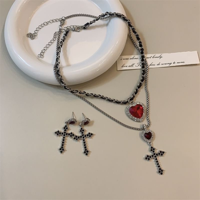 / Rhinestone Drop Pendant Cross Earring Choker Alloy Layered Heart