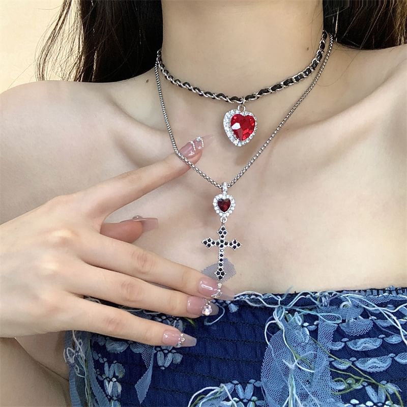 / Rhinestone Drop Pendant Cross Earring Choker Alloy Layered Heart