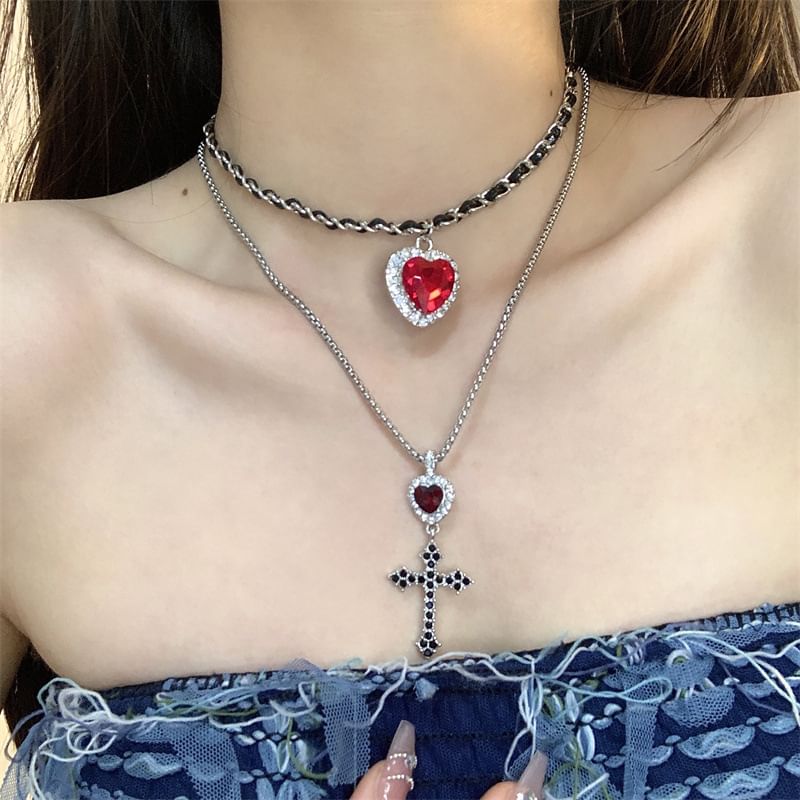 / Rhinestone Drop Pendant Cross Earring Choker Alloy Layered Heart