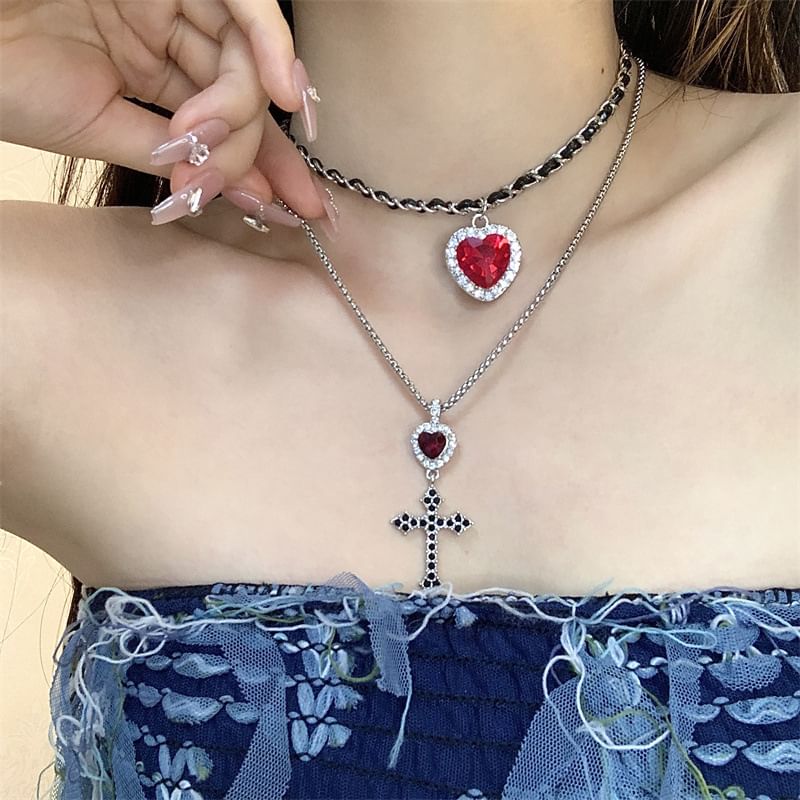 / Rhinestone Drop Pendant Cross Earring Choker Alloy Layered Heart
