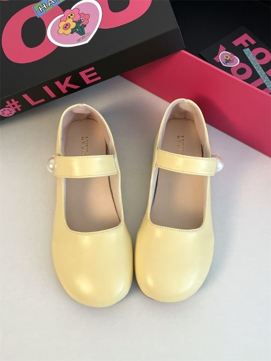 Adhesive Strap Plain Faux Pearl Accent Mary Jane Flats