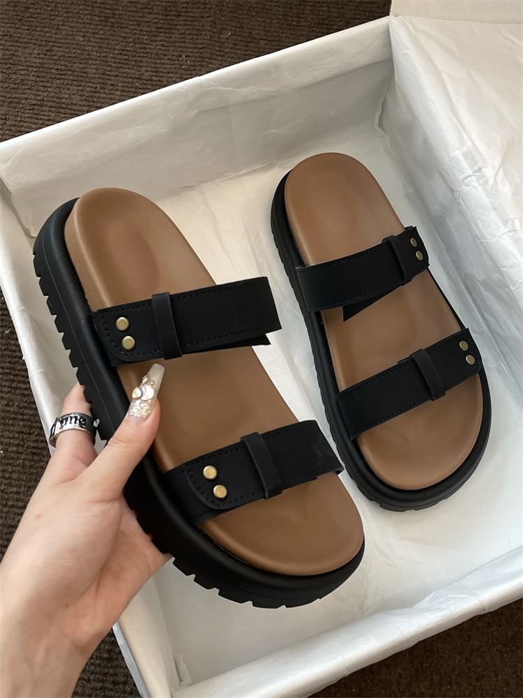 Platform Plain Faux Leather Slide Sandals