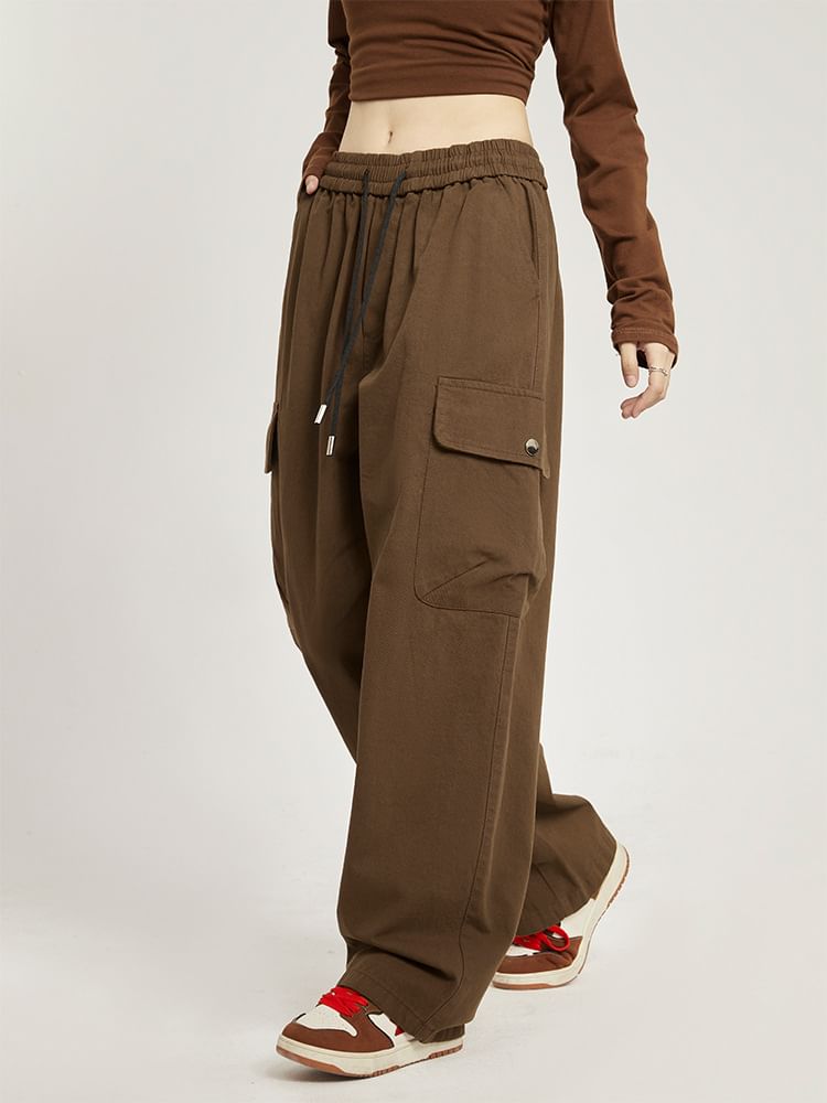 Low Rise Plain Pocket Loose-Fit Wide-Leg Sweatpants