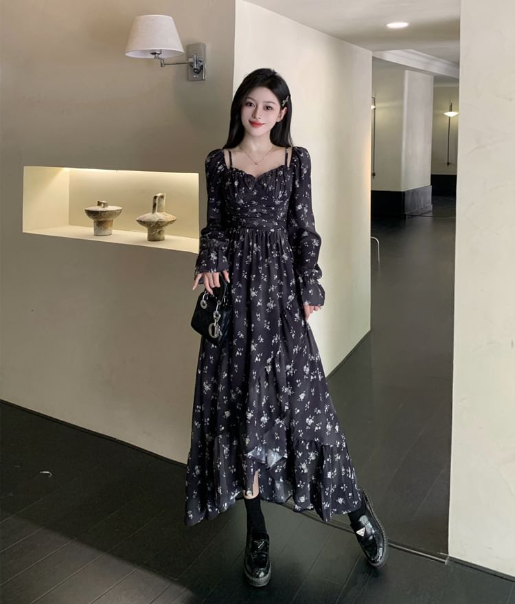 Long Sleeve V-Neck Floral Print Ruffle Ruched Midi A-Line Dress